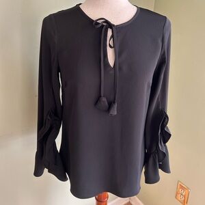 Jade by Melody Tam black blouse w/ruffle bell sleeve. XS. Round neck w/ties